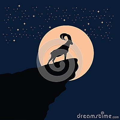 Big horn goat silhouette at the full moon night - goat, sheep, lamb logo emblem or button icon silhouette - mammal, animal vector Vector Illustration