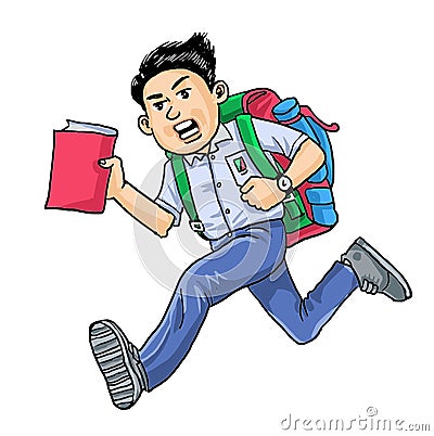 The boy wake up late and running to the school Vector Illustration