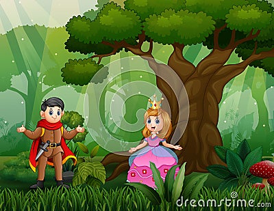 Cartoon a prince and princess at the wood Vector Illustration