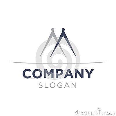 Logo of an Architecture/design/construction firm. Drawing compasses making the letter M or double AA. Vector Illustration