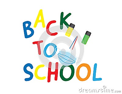 Colorful back to school text with face shape from pencils and face mask Vector Illustration