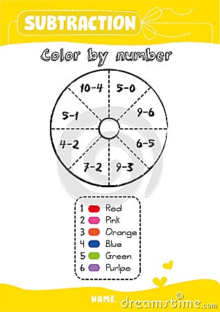Subtraction exercise for kids/ Color by number/Math sheet for primary school Vector Illustration