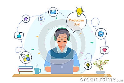 Boy with laptop, happy man, well being, businessman, creative people, working at home, office workplace, study, social network, li Vector Illustration