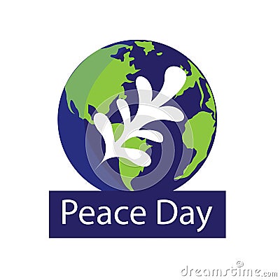 Peace day worldwide in September. A globe with a white leaf symbol in the center. Vector Illustration