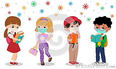 Back to school in the middle of corona virus pandemic situation. Boy and girl student wear facial mask to avoid virus contagion. Vector Illustration