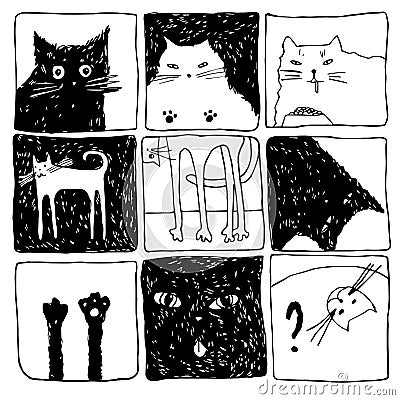 Vector set of nine hand drawn illustrations of cats in different positions. Vector Illustration