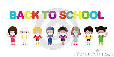 Back to school for new normal lifestyle concept. happy group of kids wearing face mask and social distancing protect coronavirus Vector Illustration