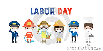 Happy Labor Day for new normal lifestyle concept, People Of Different Occupations wearing face mask protect coronavirus covid-19 Vector Illustration