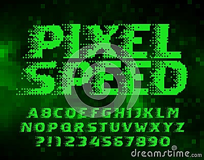 Pixel Speed alphabet font. Wind effect letters and numbers. Abstract pixel background. Vector Illustration