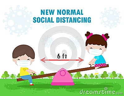 New normal lifestyle, social distancing concept. happy kids wearing face mask having fun on seesaw at playground protect corona Vector Illustration