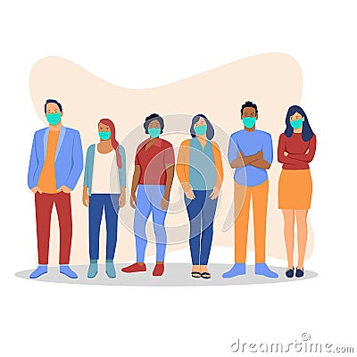 Group of multi ethnic people standing together wearing medical mask. Vector Illustration