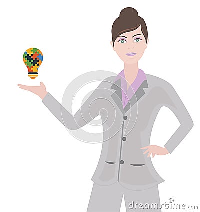 Business woman with a puzzle bulb showing a great idea or concept Stock Photo
