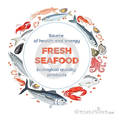 Eafood banner. Vector illustration in cartoon flat style. Various fish and marine animals. Round frame Vector Illustration