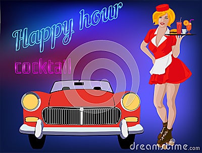 Waitress with plate on roller skates. Red dress. Diner waitress. Vector image Vector Illustration