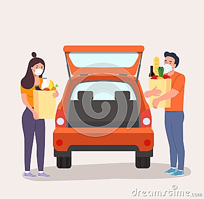 Man and woman with face mask holding grocery bags next to the trunk of the car. Vector Illustration