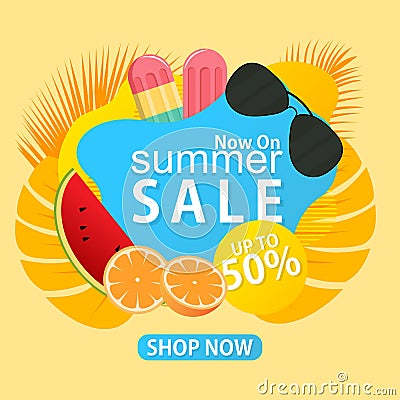 Abstract liquid poster promotion summer with tropical leaf frame Vector Illustration