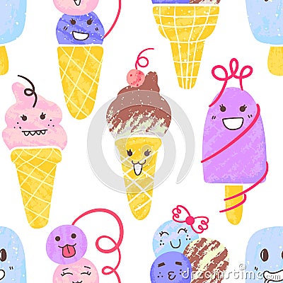 Seamless Kawaii Ice Creams Pattern, Cute Character Ice Creams Illustration, Vector EPS 10. Vector Illustration