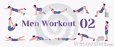 Workout men set. Men doing fitness and yoga exercises. Lunges, Pushups, Squats, Dumbbell rows, Burpees, Side planks, Situps, Glute Vector Illustration