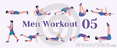 Workout men set. Men doing fitness and yoga exercises. Lunges, Pushups, Squats, Dumbbell rows, Burpees, Side planks, Situps, Glute Vector Illustration