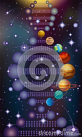Deoxyribonucleic acid DNA planets solar system, banner Vector Illustration