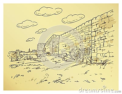 Jerusalem old city wall and king David tower Vector Illustration