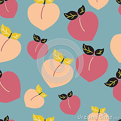 Seamless pattern cute peach in pastel blue background Vector Illustration