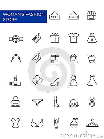 A collection of icons related to women`s fashion stores. Clothing icons, dresses, cosmetics, and shopping items at the boutique Vector Illustration