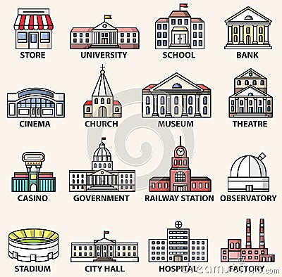 Government buildings icons set. Vector isolated colorful flat style illustrations Vector Illustration