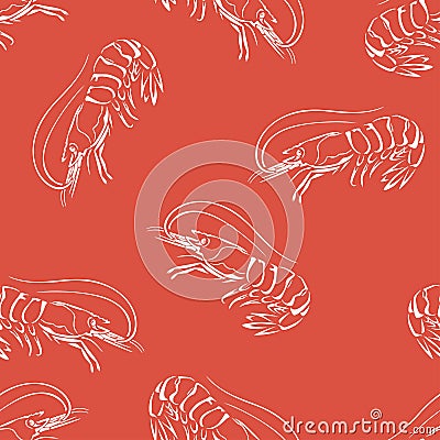 Shrimp seamless pattern. Seafood red background. Vector Illustration