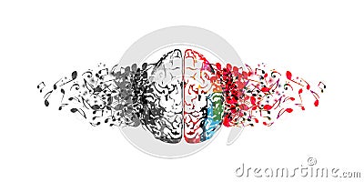 Colorful human brain with music notes isolated vector illustration design. Artistic music festival poster, live concert, creative Vector Illustration