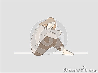 Sad woman with depression sitting alone on the floor. Major depressive disorder concept Vector Illustration