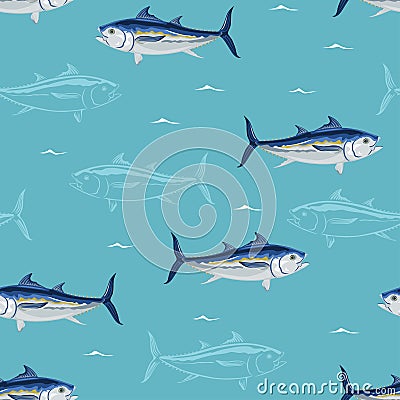 Tuna fish seamless pattern. Vector illustration of fish in the blue sea. Vector Illustration