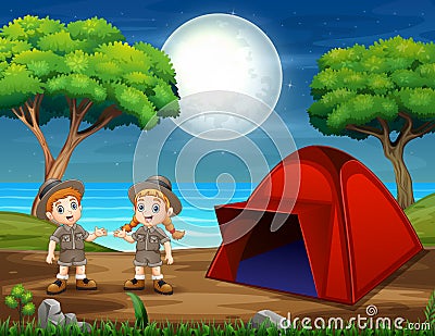 Camping night scene with two scouts Vector Illustration