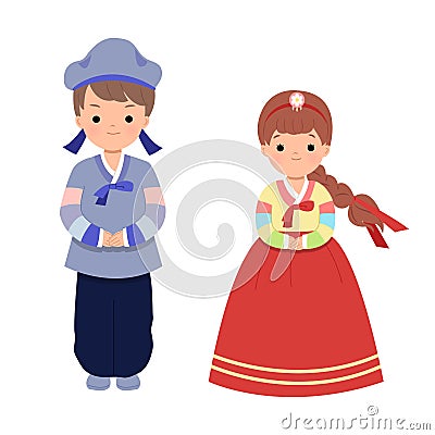 Male and female in traditional korean clothes for chuseok holiday celebration. Major harvest festival in North South Korea. Vector Illustration