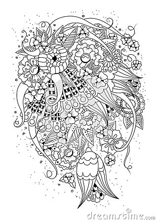 Abstract flowers and buds. Coloring page for adults and children. Can be used for printing on paper or fabric. Vector Illustration