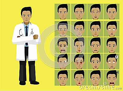 Manga Style Doctor Man Cartoon Character Emotions Vector Illustration