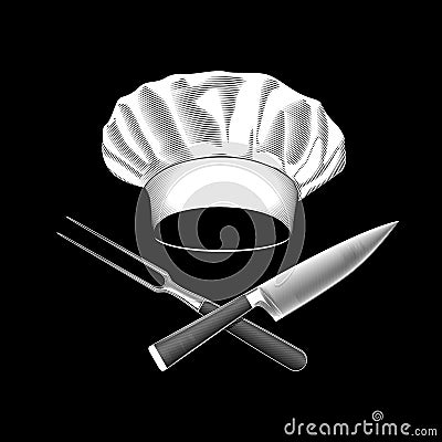Chef`s hat with crossed knife and fork. Vector Illustration