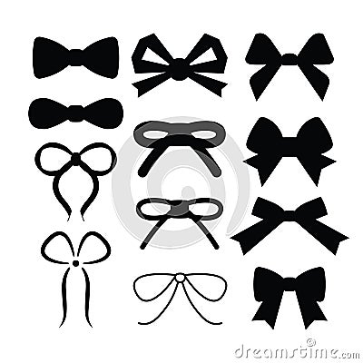 Set of graphical decorative bows silhouette isolated on white background, Vector Illustration