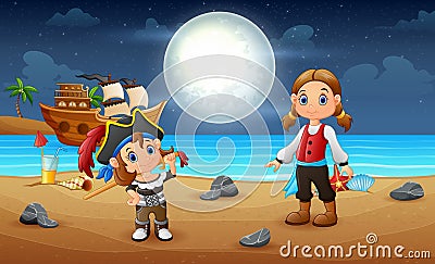 Pirate kids on the beach at night Vector Illustration