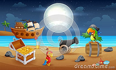 Seascape night with pirate parrot on the beach Vector Illustration