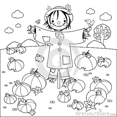 Pumpkin field and a scarecrow. Vector black and white coloring page Vector Illustration