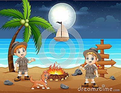 Happy scout kids enjoying bonfire at the beach Vector Illustration