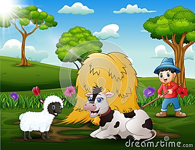 A young farmer working in the park Vector Illustration
