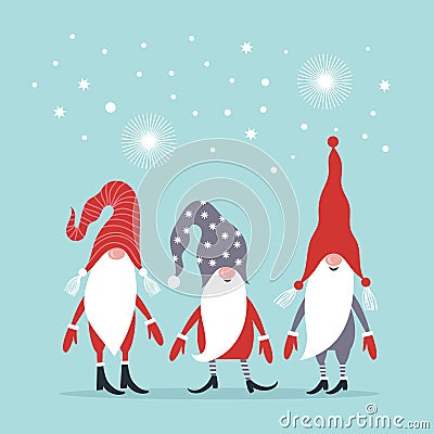 Christmas greeting card. Three cute Gnomes. Vector Illustration