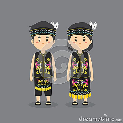 Character Wearing Dayak Traditional Dress Vector Illustration