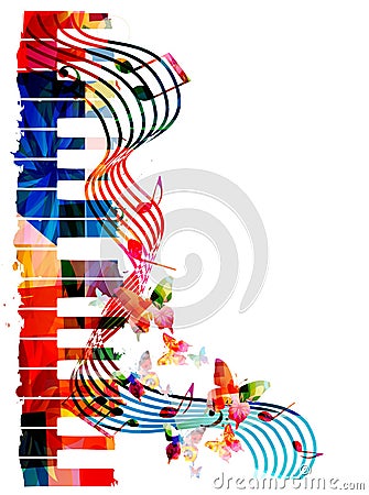 Colorful piano keyboard with music notes and butterflies isolated vector illustration. Music background for poster, brochure, bann Vector Illustration