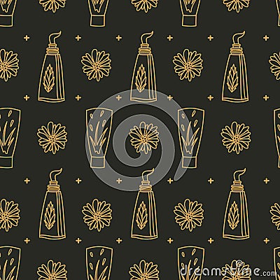 Abstract Lotions Doodle Cosmetics Pattern, Gold Seamless Pattern, Vector EPS 10. Vector Illustration