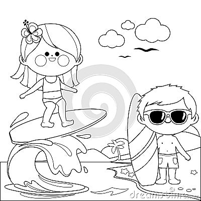 Children at the beach surfing on a wave in the sea. Boy and girl having fun at the sea on summer vacations, surfing. Vector Illustration
