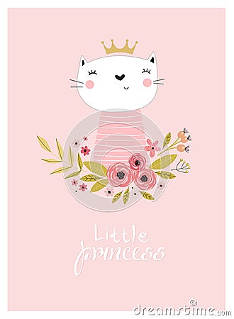 Print. Vector poster with a cat `little princess.` Cartoon cat. Kitty. Vector Illustration