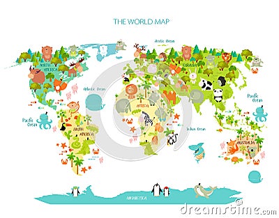 Print. Vector map of the world with cartoon animals for kids. Vector Illustration